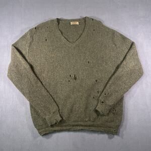Paul Stuart Alpaca Wool Distressed Sweater Men's Large V Neck Green Long Sleeve